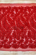Color Lace: Red Tulle with Embroidered Feather Plume Allover Pattern and Micro Bead Accents, 1 Meter