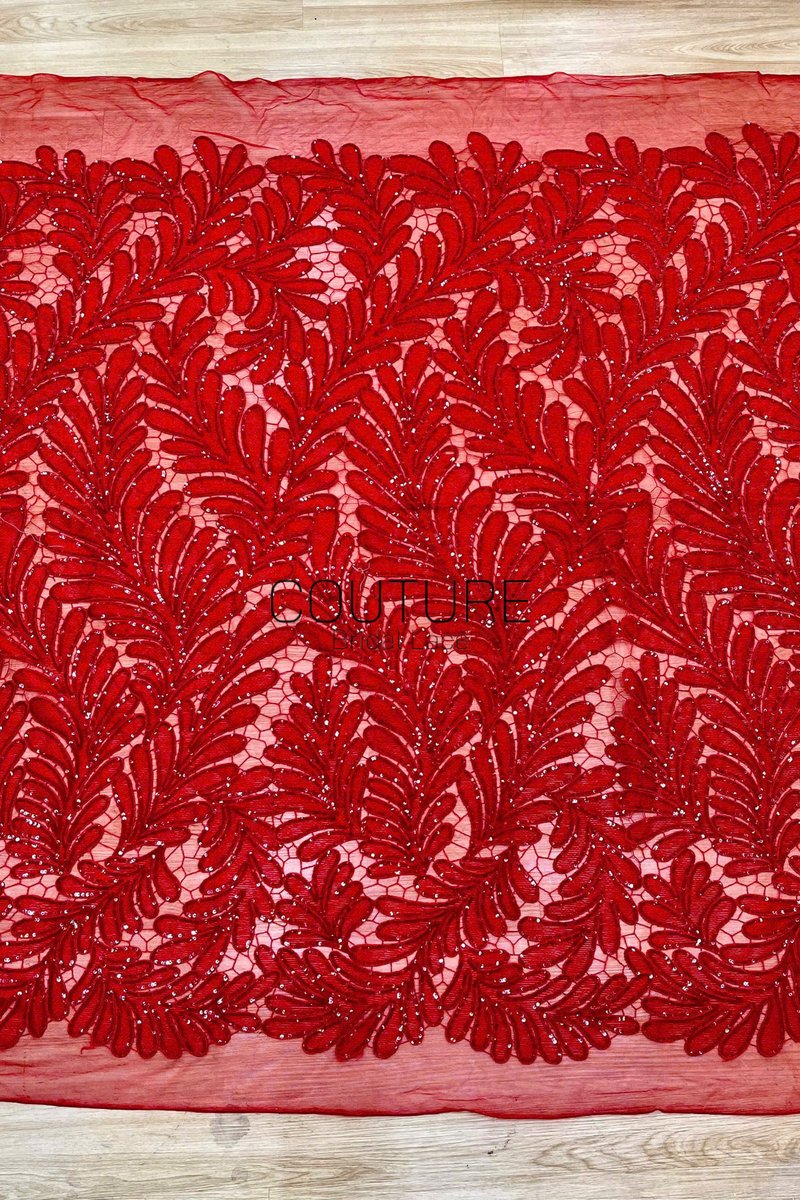 Color Lace: Red Tulle with Embroidered Feather Plume Allover Pattern and Micro Bead Accents, 1 Meter