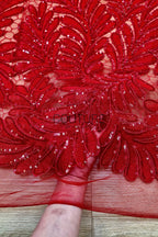 Color Lace: Red Tulle with Embroidered Feather Plume Allover Pattern and Micro Bead Accents, 1 Meter