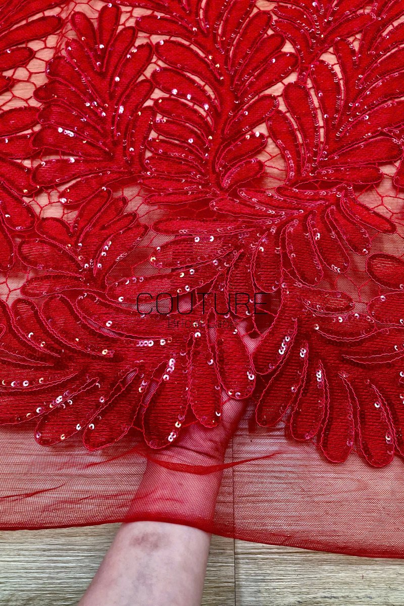 Color Lace: Red Tulle with Embroidered Feather Plume Allover Pattern and Micro Bead Accents, 1 Meter
