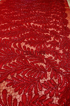Color Lace: Red Tulle with Embroidered Feather Plume Allover Pattern and Micro Bead Accents, 1 Meter