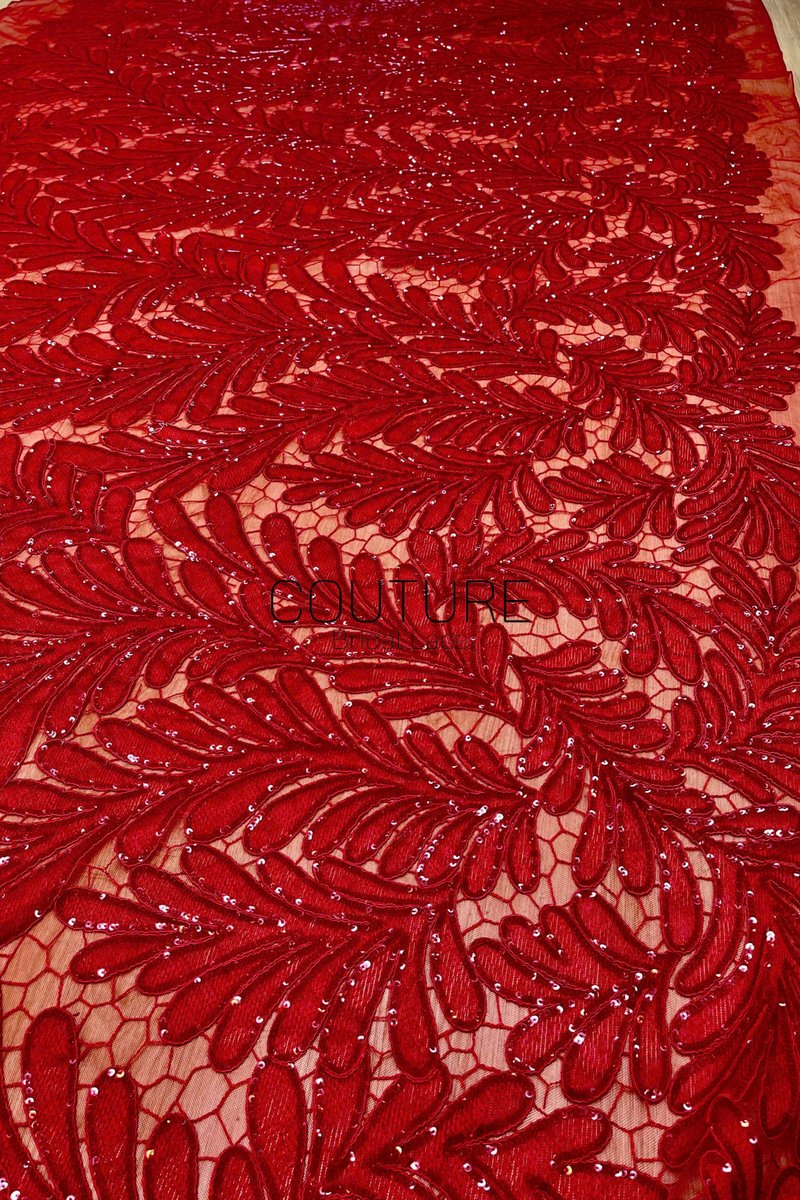 Color Lace: Red Tulle with Embroidered Feather Plume Allover Pattern and Micro Bead Accents, 1 Meter