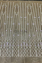 Color Lace: Sage Green Vertical Floral Stripes with Lavender Accents and Diamond Lattice Scalloped Border, 1 Meter