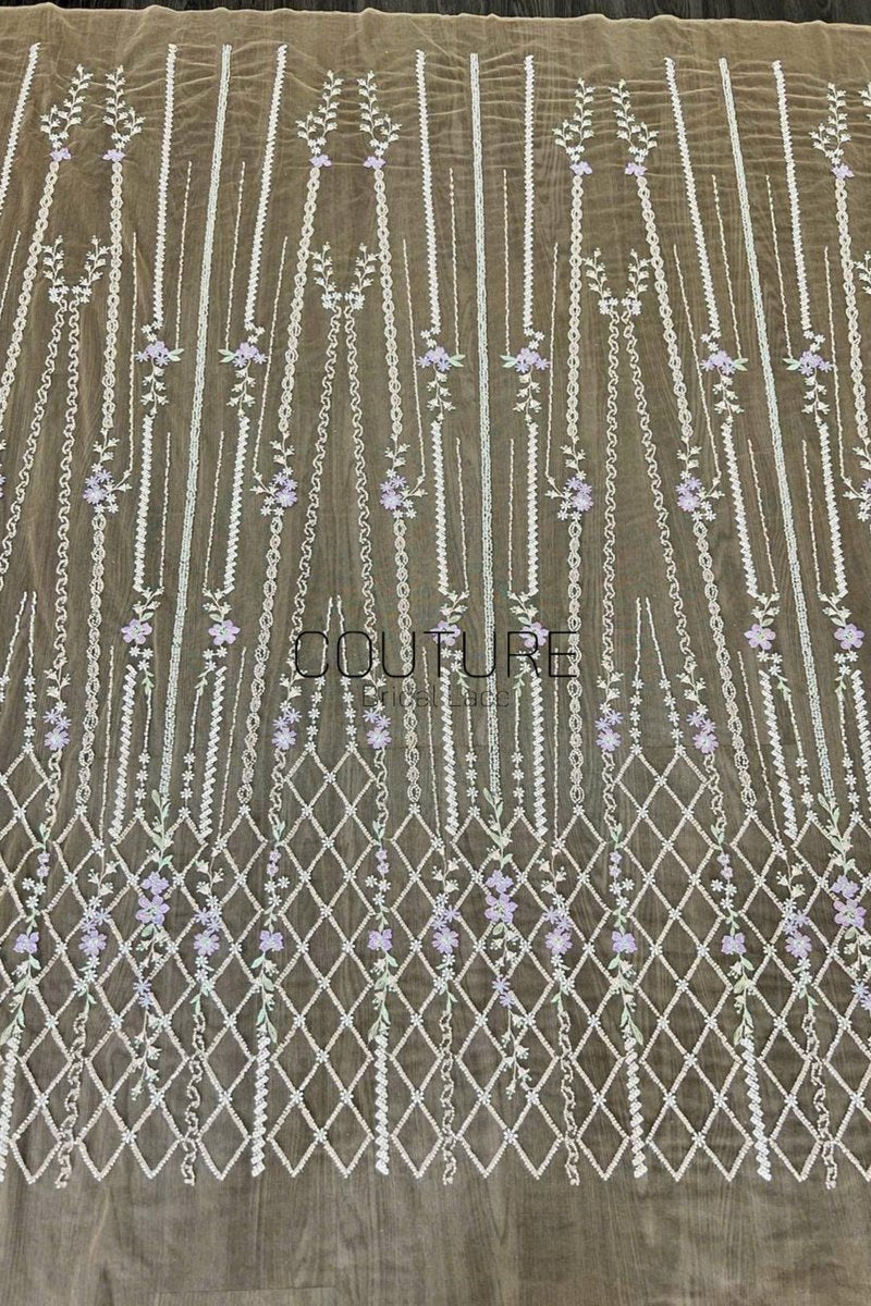 Color Lace: Sage Green Vertical Floral Stripes with Lavender Accents and Diamond Lattice Scalloped Border, 1 Meter