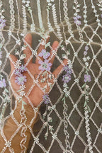 Color Lace: Sage Green Vertical Floral Stripes with Lavender Accents and Diamond Lattice Scalloped Border, 1 Meter