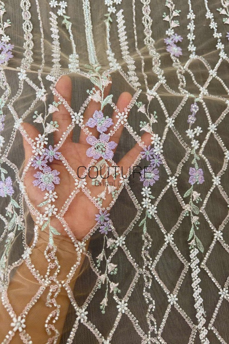 Color Lace: Sage Green Vertical Floral Stripes with Lavender Accents and Diamond Lattice Scalloped Border, 1 Meter