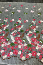 Color Lace: Floral Garden Embroidered with Scalloped Brown Edge Border, 1 Meter