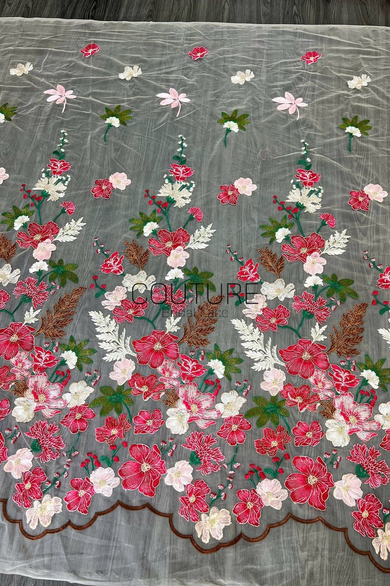 Color Lace: Floral Garden Embroidered with Scalloped Brown Edge Border, 1 Meter