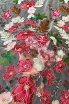 Color Lace: Floral Garden Embroidered with Scalloped Brown Edge Border, 1 Meter