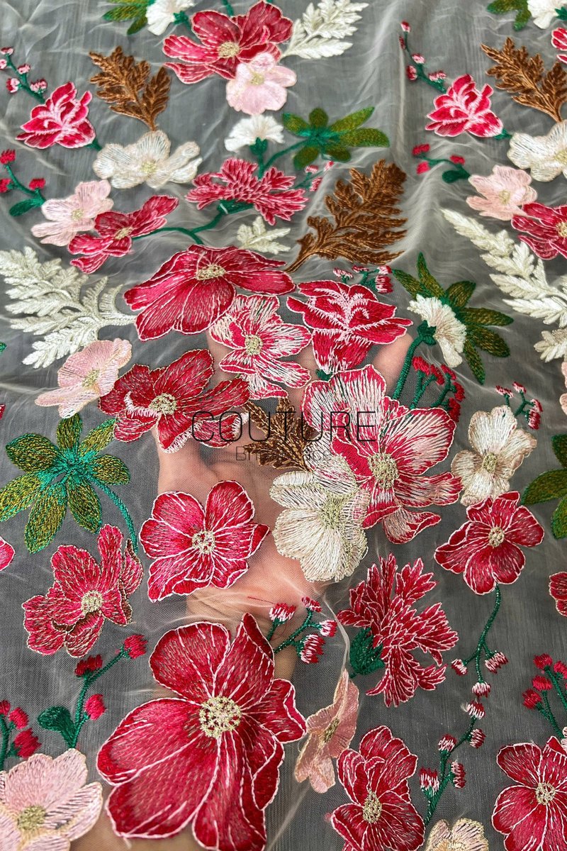 Color Lace: Floral Garden Embroidered with Scalloped Brown Edge Border, 1 Meter