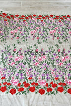 Color Lace: White Cascading Floral Vine Embroidery with Red Pink Purple Floral Border Edge, 1 Meter