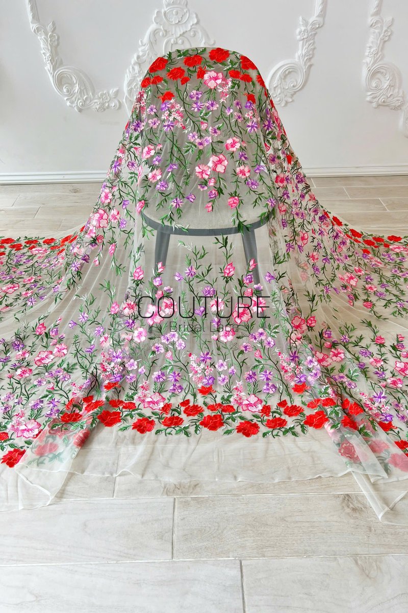 Color Lace: White Cascading Floral Vine Embroidery with Red Pink Purple Floral Border Edge, 1 Meter