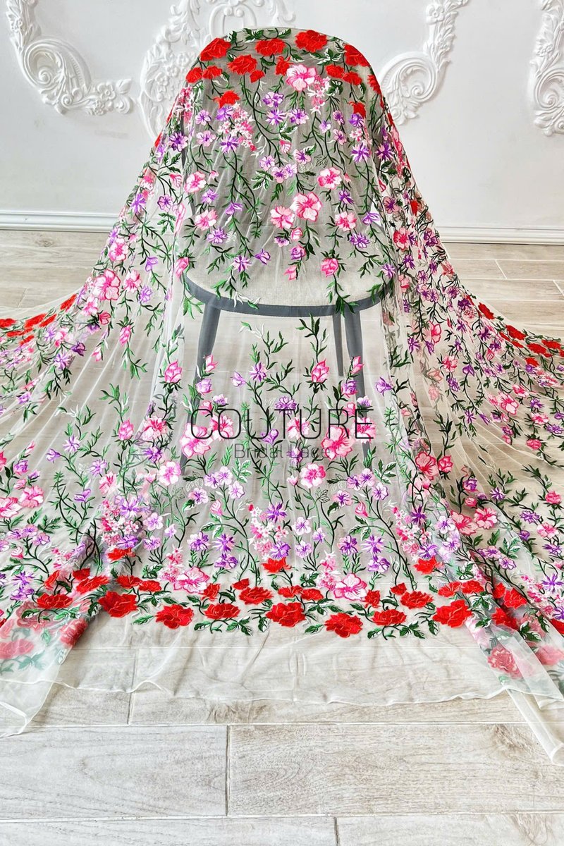 Color Lace: White Cascading Floral Vine Embroidery with Red Pink Purple Floral Border Edge, 1 Meter