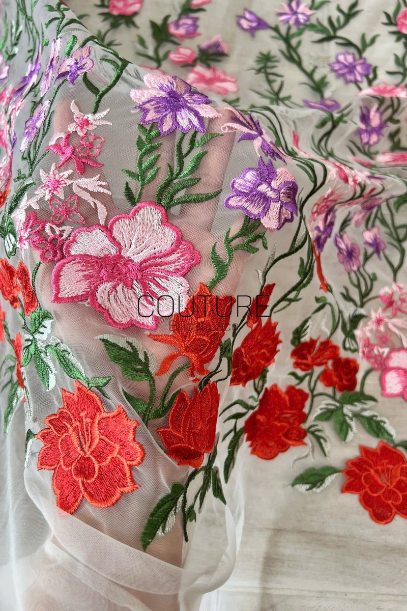 Color Lace: White Cascading Floral Vine Embroidery with Red Pink Purple Floral Border Edge, 1 Meter
