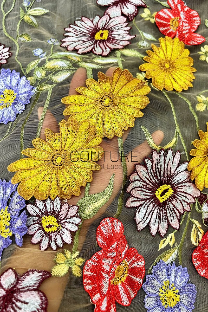 Color Lace: Taupe Floral Garden Embroidery with Delicate Straight Sheer Mesh Edge, 1 Meter