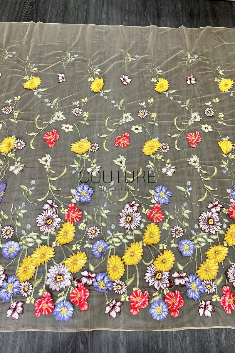 Color Lace: Taupe Floral Garden Embroidery with Delicate Straight Sheer Mesh Edge, 1 Meter