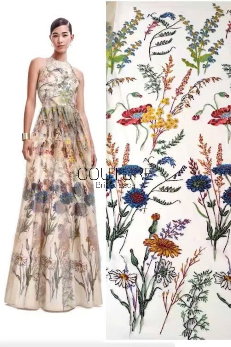 Color Lace: Ivory Botanical Floral Garden with Scattered Wildflower and Fern Border, 1 Meter