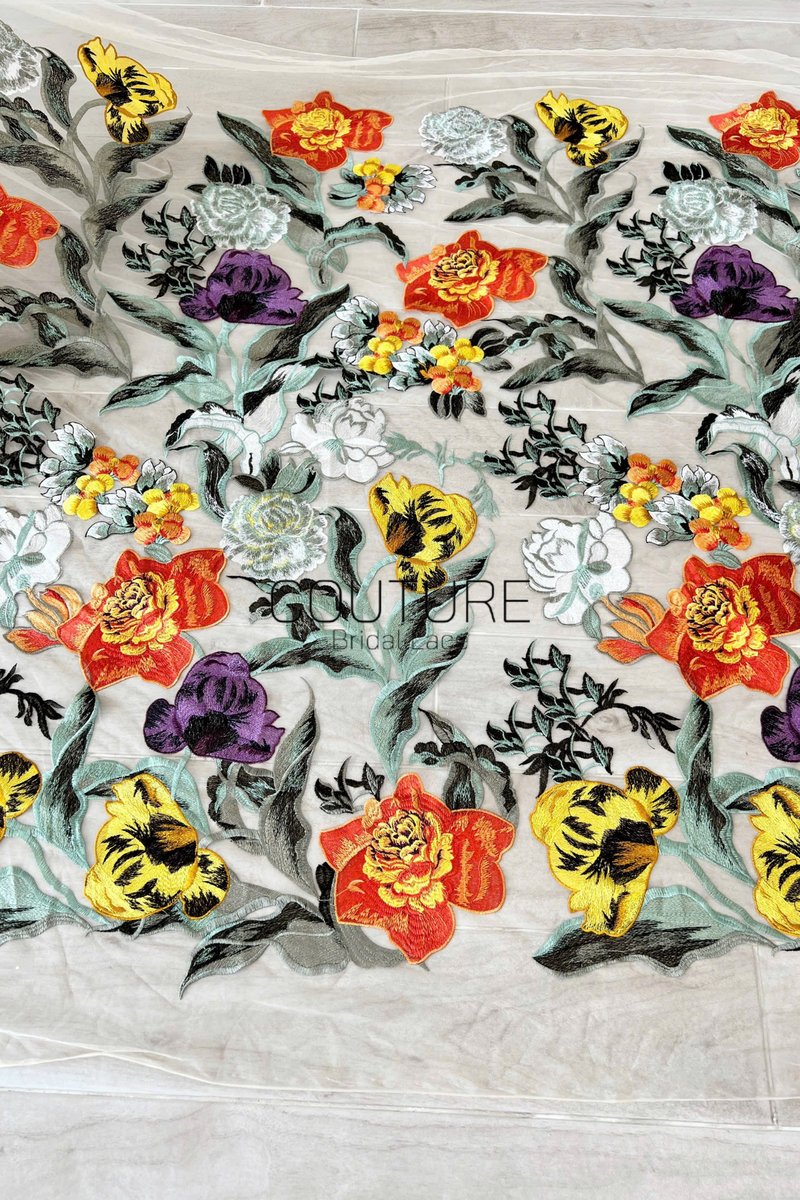Color Lace: Floral Embroidery with Sage Green Scalloped Border Edge, 1 Meter