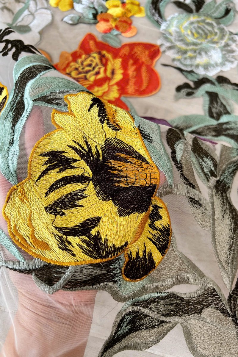 Color Lace: Floral Embroidery with Sage Green Scalloped Border Edge, 1 Meter