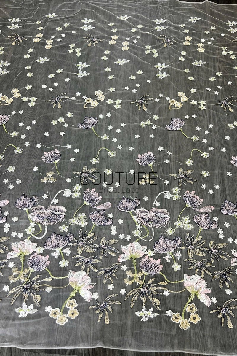 Color Lace: Charcoal Sheer Tulle with Embroidered Tulip and Scattered Blossom Climbing Floral, 1 Meter