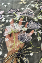 Color Lace: Charcoal Sheer Tulle with Embroidered Tulip and Scattered Blossom Climbing Floral, 1 Meter