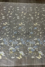 Color Lace: Sheer Floral Meadow Embroidery with Blue and Yellow Botanical Scalloped Border, 1 Meter