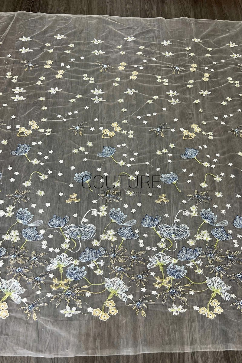 Color Lace: Sheer Floral Meadow Embroidery with Blue and Yellow Botanical Scalloped Border, 1 Meter