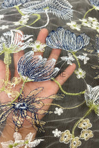 Color Lace: Sheer Floral Meadow Embroidery with Blue and Yellow Botanical Scalloped Border, 1 Meter