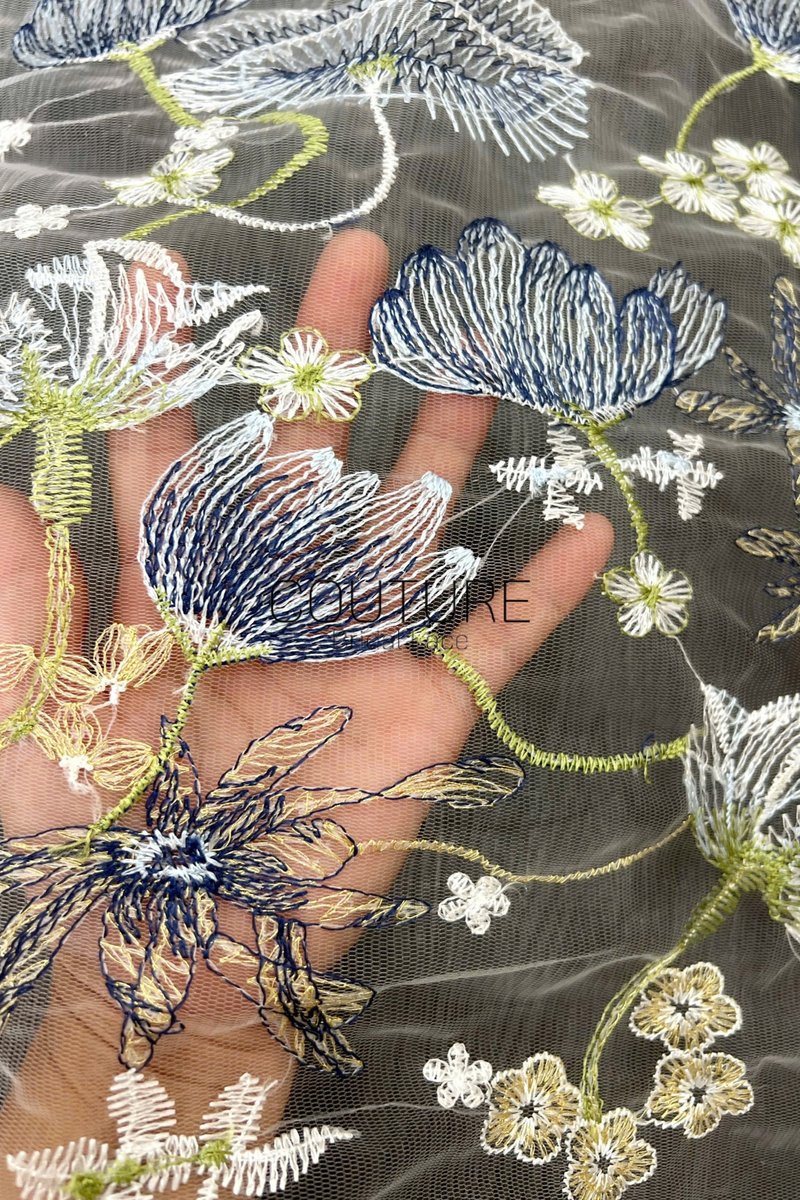 Color Lace: Sheer Floral Meadow Embroidery with Blue and Yellow Botanical Scalloped Border, 1 Meter