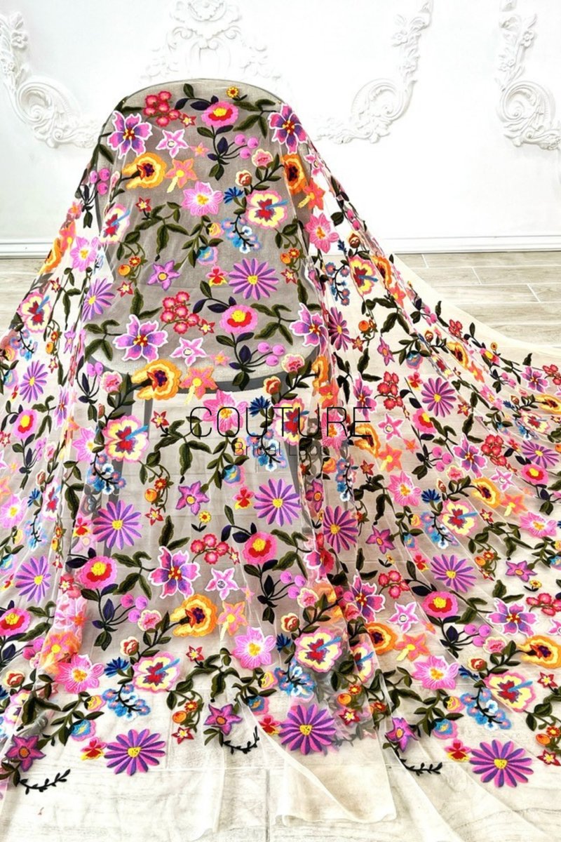 Color Lace: Vibrant Floral Embroidered Motifs with Sheer Mesh Base and Scattered Blooms, 1 Meter