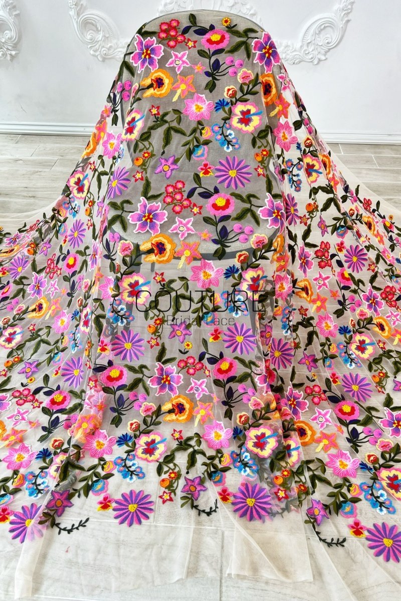 Color Lace: Vibrant Floral Embroidered Motifs with Sheer Mesh Base and Scattered Blooms, 1 Meter