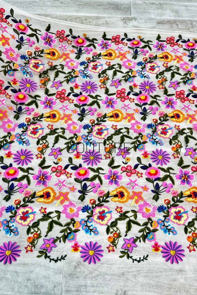 Color Lace: Vibrant Floral Embroidered Motifs with Sheer Mesh Base and Scattered Blooms, 1 Meter