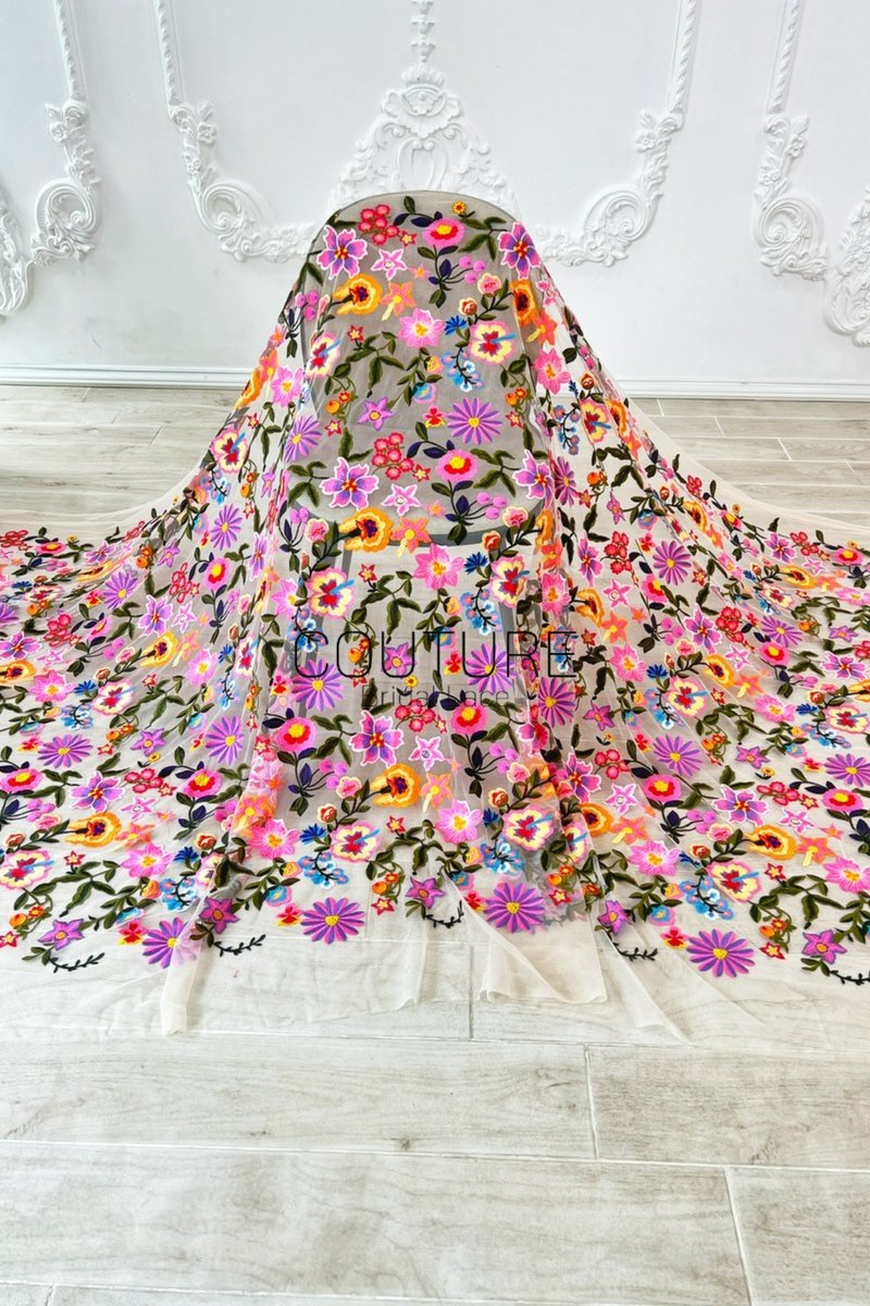 Color Lace: Vibrant Floral Embroidered Motifs with Sheer Mesh Base and Scattered Blooms, 1 Meter