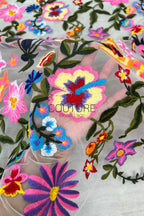 Color Lace: Vibrant Floral Embroidered Motifs with Sheer Mesh Base and Scattered Blooms, 1 Meter