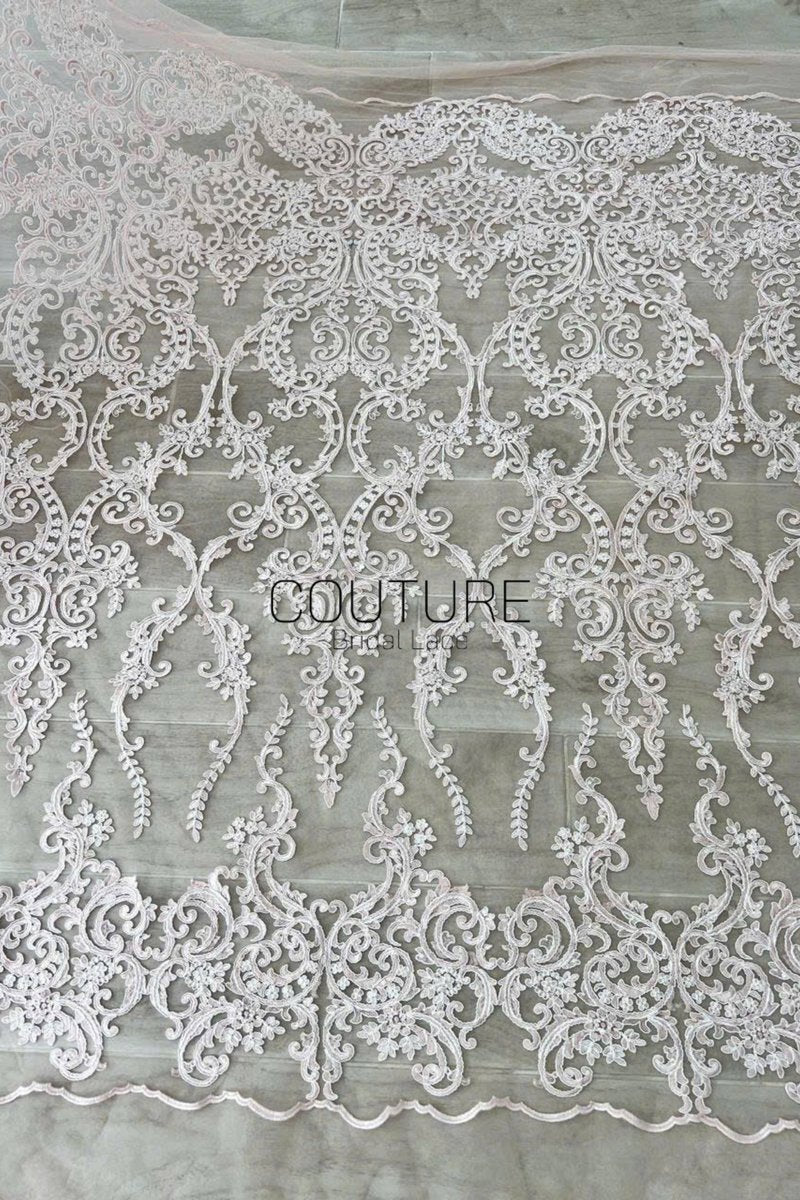 Color Lace: Blush Pink Ornate Baroque Damask with Elaborate Scalloped Floral Lace Edge, 1 Meter