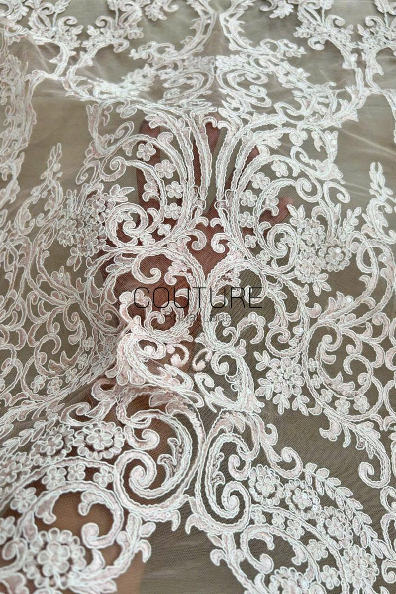 Color Lace: Blush Pink Ornate Baroque Damask with Elaborate Scalloped Floral Lace Edge, 1 Meter