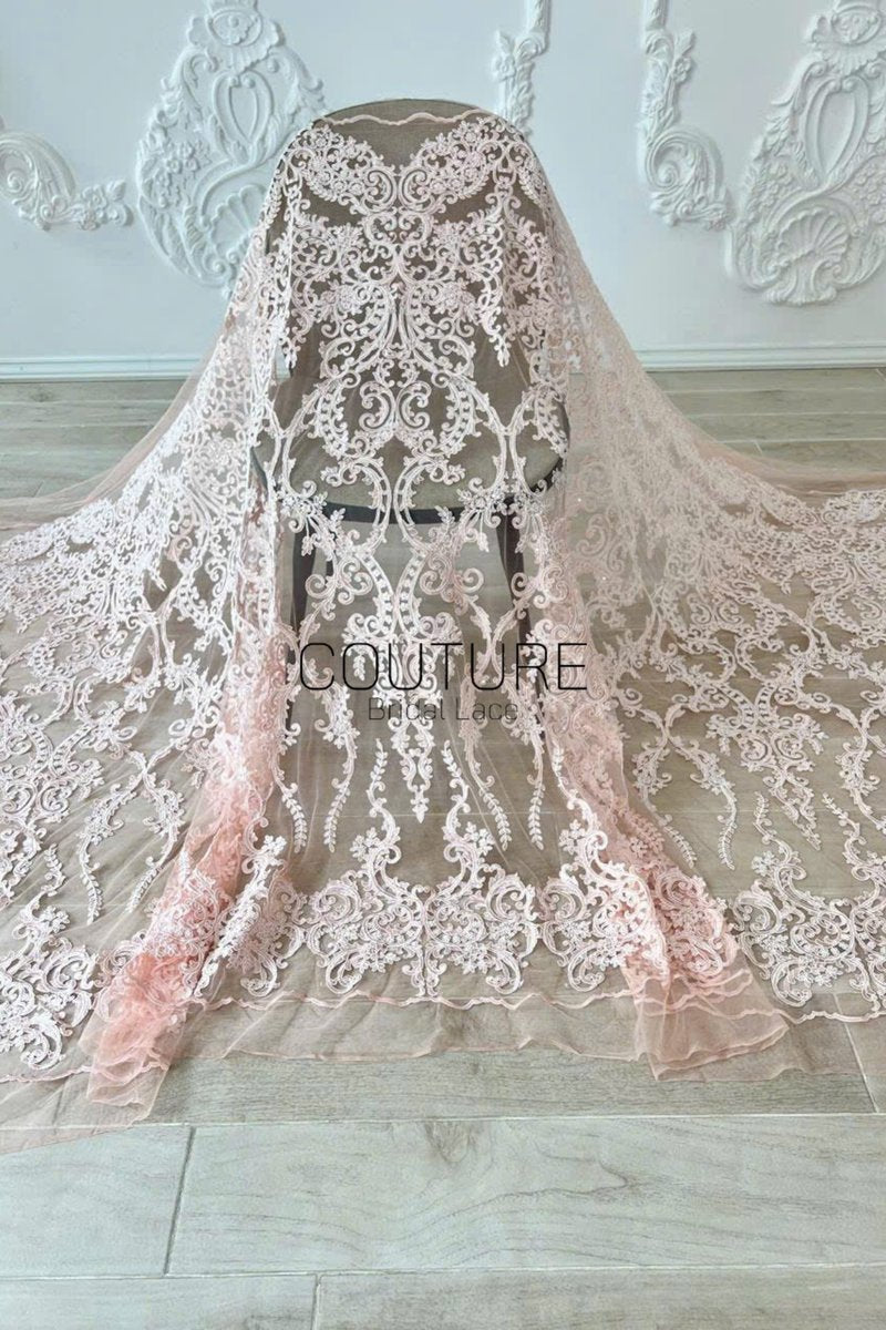 Color Lace: Blush Pink Ornate Baroque Damask with Elaborate Scalloped Floral Lace Edge, 1 Meter