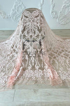 Color Lace: Blush Pink Ornate Baroque Damask with Elaborate Scalloped Floral Lace Edge, 1 Meter