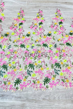 Color Lace: Pink Yellow Green Floral Garden with Scalloped Floral Edge Border, 1 Meter