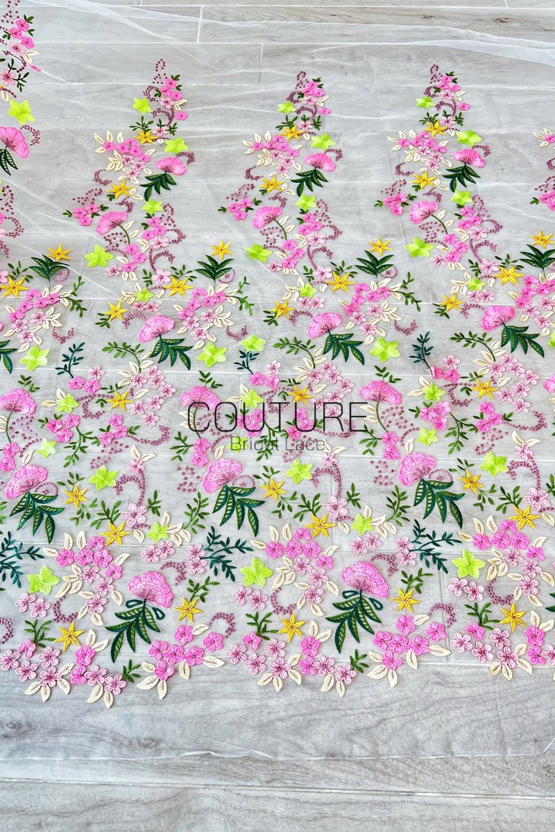 Color Lace: Pink Yellow Green Floral Garden with Scalloped Floral Edge Border, 1 Meter