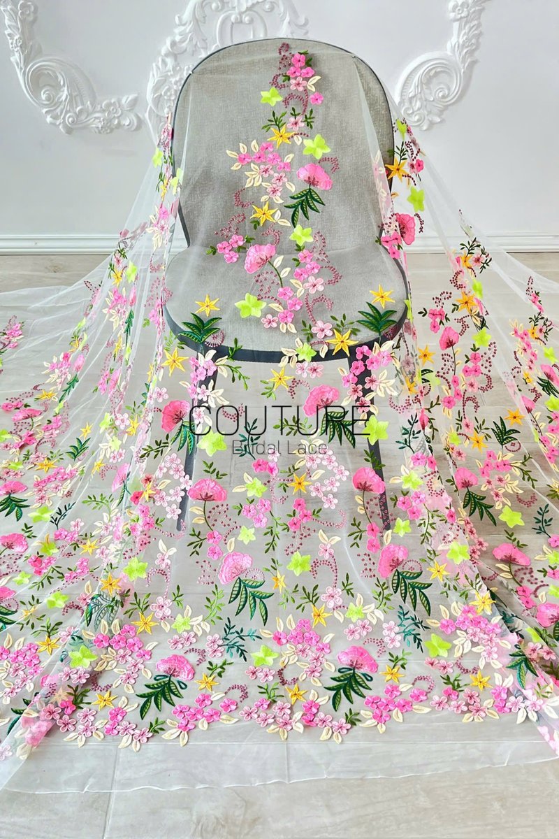 Color Lace: Pink Yellow Green Floral Garden with Scalloped Floral Edge Border, 1 Meter