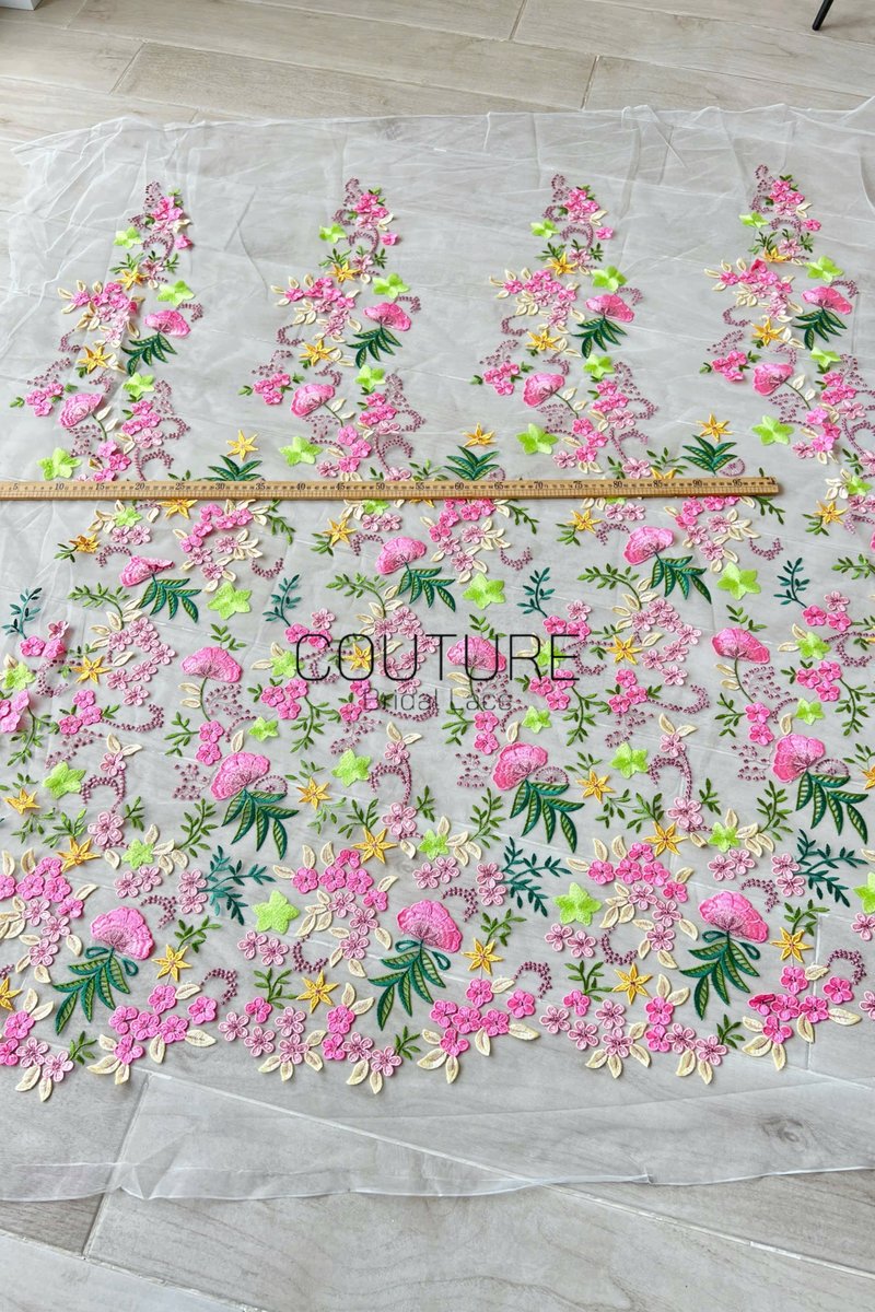 Color Lace: Pink Yellow Green Floral Garden with Scalloped Floral Edge Border, 1 Meter