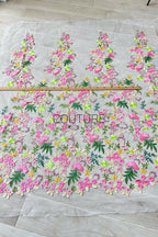 Color Lace: Pink Yellow Green Floral Garden with Scalloped Floral Edge Border, 1 Meter