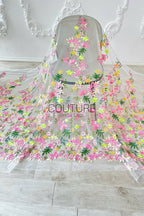 Color Lace: Pink Yellow Green Floral Garden with Scalloped Floral Edge Border, 1 Meter