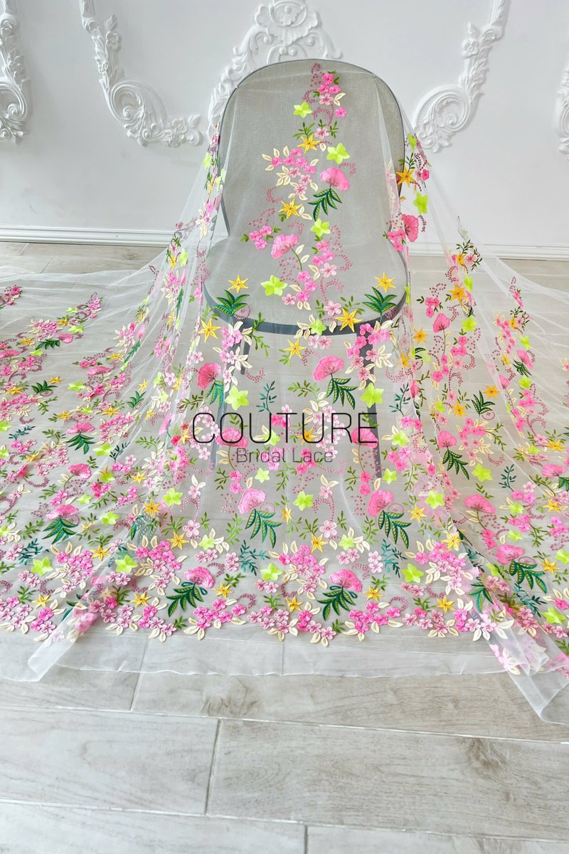 Color Lace: Pink Yellow Green Floral Garden with Scalloped Floral Edge Border, 1 Meter