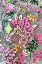 Color Lace: Pink Yellow Green Floral Garden with Scalloped Floral Edge Border, 1 Meter