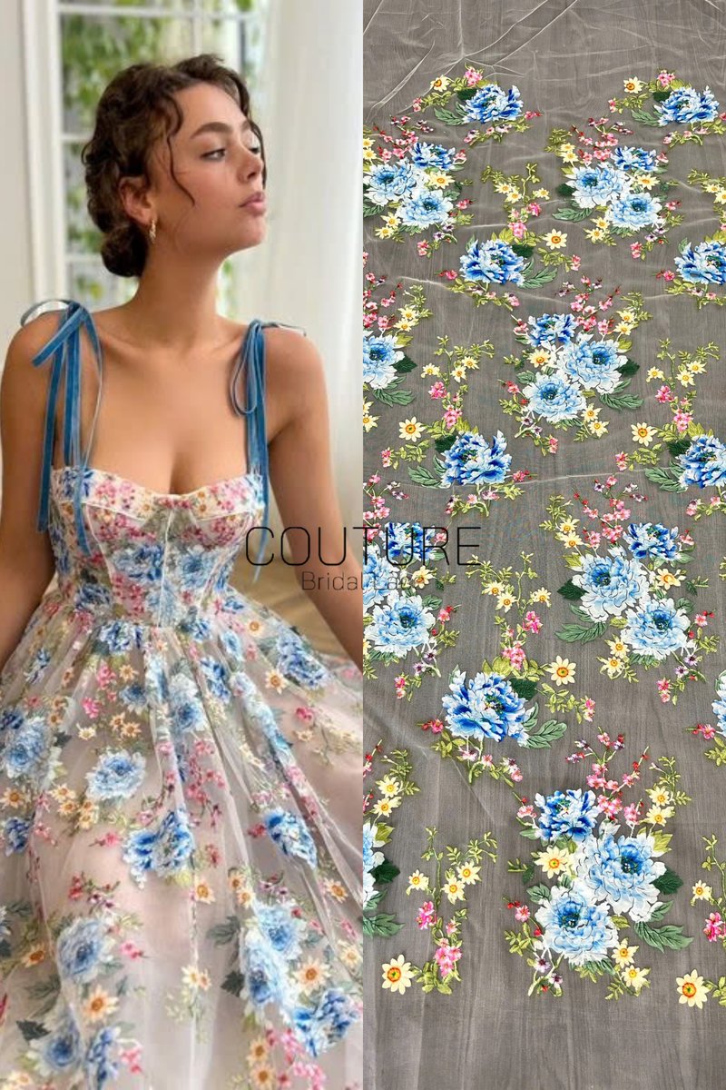 Color Lace: Floral Clusters with Straight Sheer Mesh Edge, 1 Meter