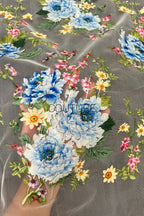 Color Lace: Floral Clusters with Straight Sheer Mesh Edge, 1 Meter