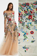 Color Lace: Vibrant Floral Garden Embroidery with Scalloped Eyelash Edge on Nude Mesh, 1 Meter