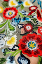 Color Lace: Vibrant Floral Garden Embroidery with Scalloped Eyelash Edge on Nude Mesh, 1 Meter